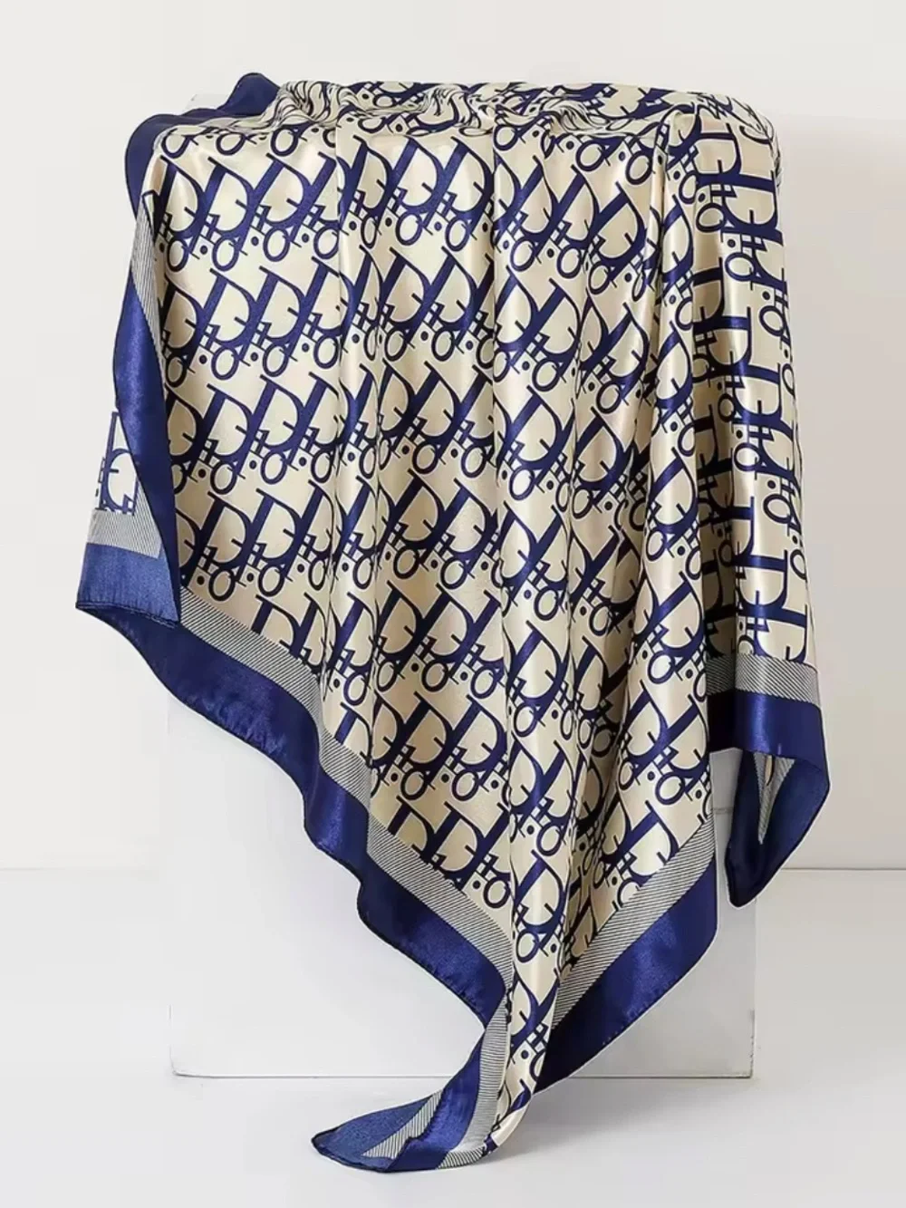& Other Stories Navy and Cream Monogram Print Silk Scarf